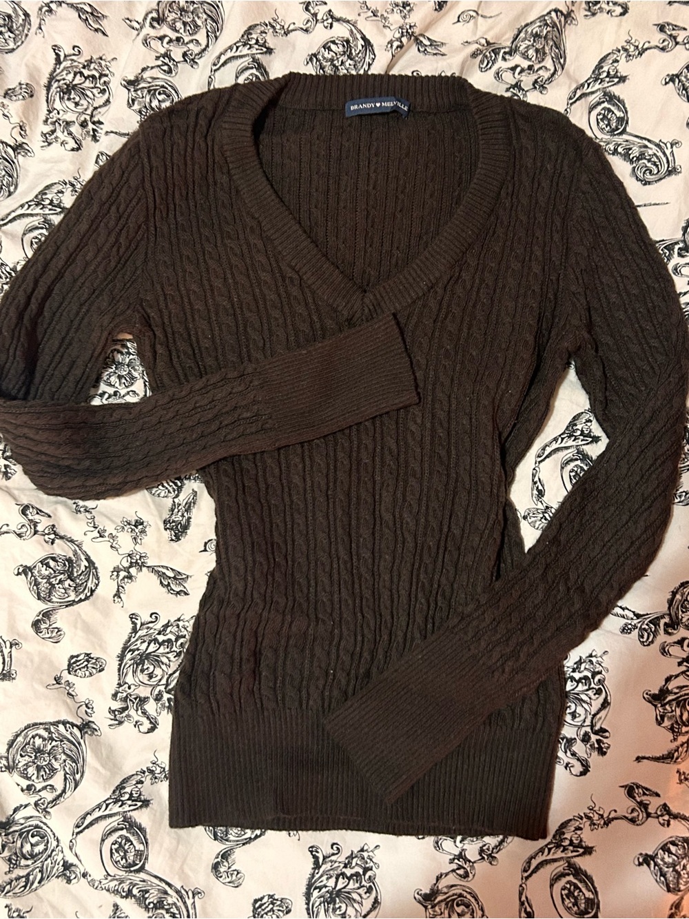 Brandy Melville Brown Cable Knit V-Neck Sweater